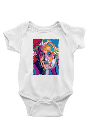 Albert Einstein Renkli Portre Baskılı Beyaz Bebek Body - Zıbın