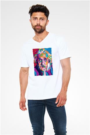 Albert Einstein Renkli Portre Baskılı Unisex V Yaka Beyaz Tişört - Tshirt