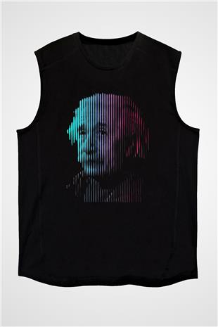 Albert Einstein Renkli Portre Baskılı Unisex Kolsuz Siyah Tişört - Tshirt