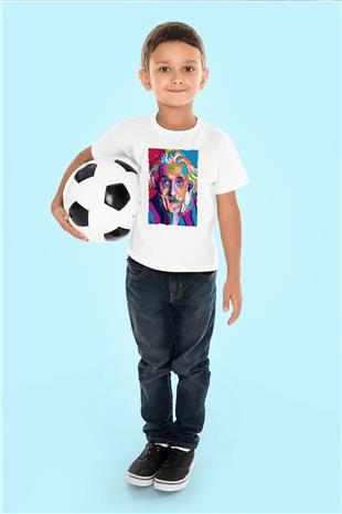 Albert Einstein Renkli Portre Baskılı Unisex Beyaz Çocuk Tişörtü - Tshirt
