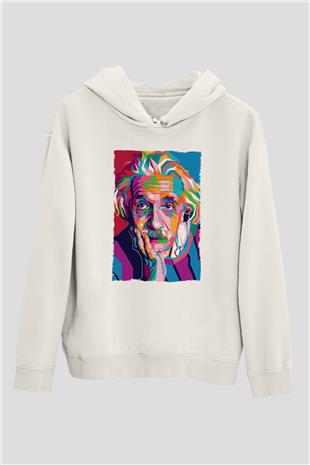 Albert Einstein Renkli Portre Baskılı Unisex Ekru Hoodie