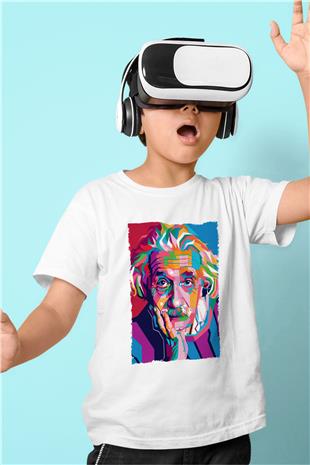 Albert Einstein Renkli Portre Baskılı Unisex Beyaz Çocuk Tişörtü - Tshirt