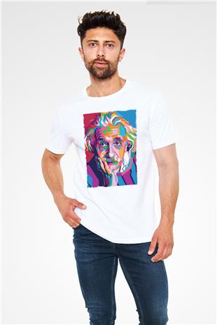 Albert Einstein Renkli Portre Baskılı Unisex Beyaz Tişört - Tshirt