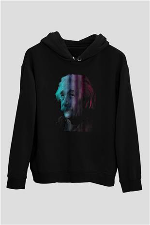 Albert Einstein Renkli Portre Baskılı Unisex Siyah Hoodie