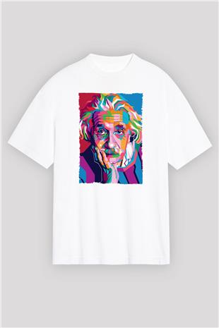 Albert Einstein Renkli Portre Baskılı Unisex Oversize Beyaz Tişört - Tshirt