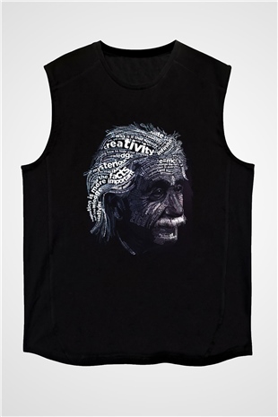 Albert Einstein Sanatsal Portre Baskılı Unisex Siyah Kolsuz Tişört