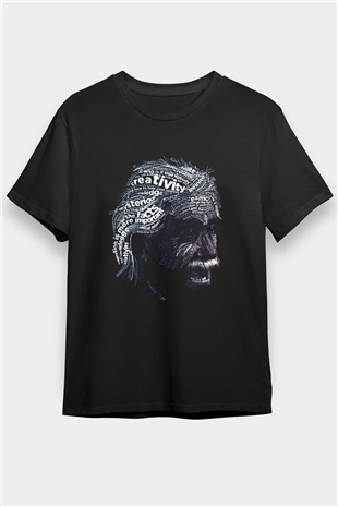 Albert Einstein Sanatsal Portre Baskılı Unisex Siyah Tişört