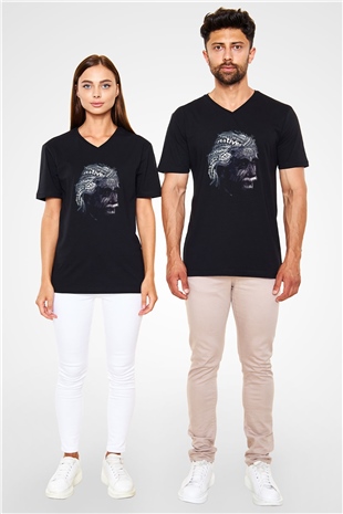 Albert Einstein Sanatsal Portre Baskılı Unisex Siyah V Yaka Tişört