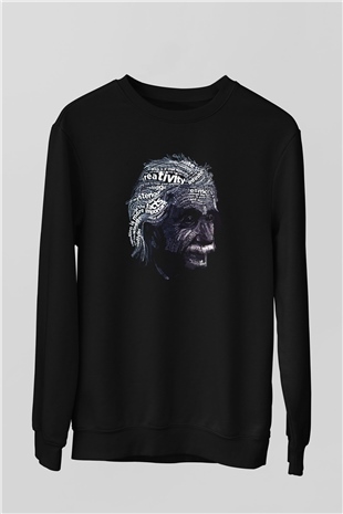 Albert Einstein Sanatsal Portre Baskılı Unisex Siyah Sweatshirt
