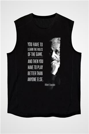 Albert Einstein Sözü Baskılı Unisex Kolsuz Siyah Tişört - Tshirt