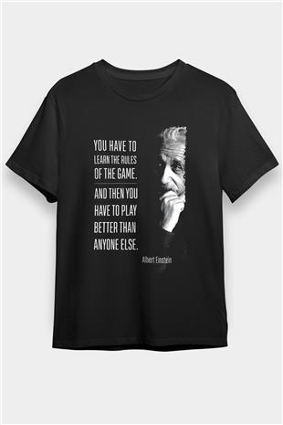 Albert Einstein Sözü Baskılı Unisex Siyah Tişört - Tshirt