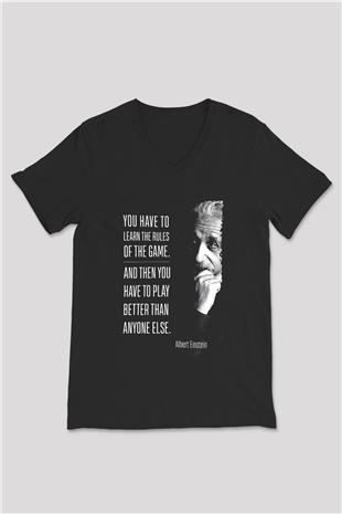 Albert Einstein Sözü Baskılı Unisex V Yaka Siyah Tİşört - Tshirt