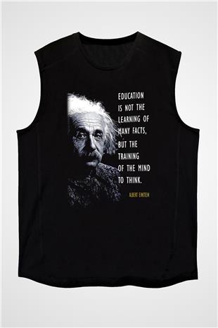 Albert Einstein Sözü Portre Baskılı Unisex Kolsuz Siyah Tişört - Tshirt