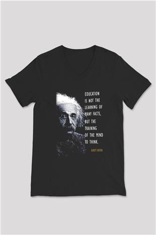 Albert Einstein Sözü Portre Baskılı Unisex V Yaka Siyah Tİşört - Tshirt
