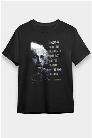 Albert Einstein Sözü Portre Baskılı Unisex Siyah Tişört - Tshirt