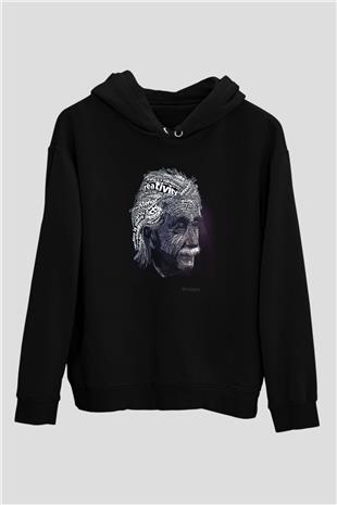 Albert Einstein Tipografi Baskılı Unisex Siyah Hoodie