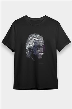 Albert Einstein Tipografi Baskılı Unisex Siyah Tişört - Tshirt
