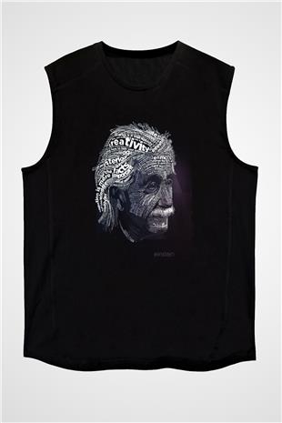 Albert Einstein Tipografi Baskılı Unisex Kolsuz Siyah Tişört - Tshirt