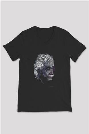 Albert Einstein Tipografi Baskılı Unisex V Yaka Siyah Tİşört - Tshirt
