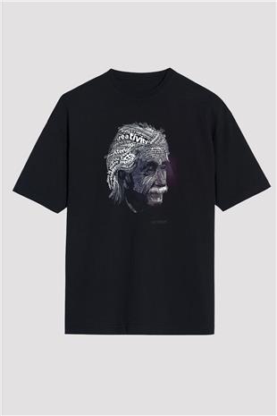 Albert Einstein Tipografi Baskılı Unisex Oversize Tişört - Tshirt