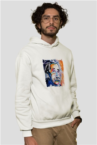 Albert Einstein Unisex Baskılı Beyaz Kapüşonlu Sweatshirt
