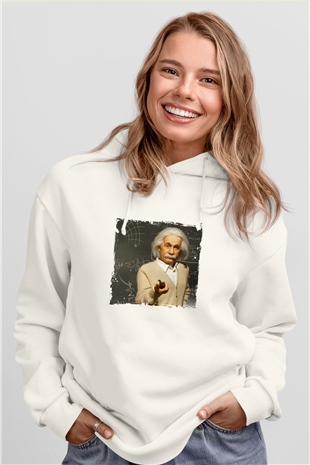 Albert Einstein Unisex Baskılı Beyaz Kapüşonlu Sweatshirt