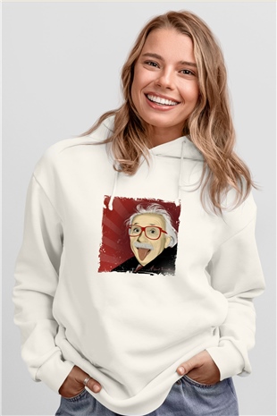 Albert Einstein Unisex Baskılı Beyaz Kapüşonlu Sweatshirt
