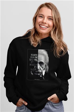 Albert Einstein Yarı Portre Baskılı Unisex Siyah Hoodie