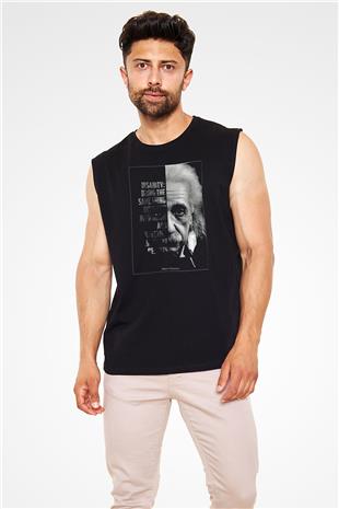 Albert Einstein Yarı Portre Baskılı Unisex Kolsuz Siyah Tişört - Tshirt