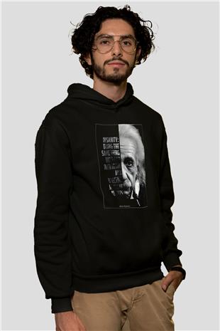 Albert Einstein Yarı Portre Baskılı Unisex Siyah Hoodie