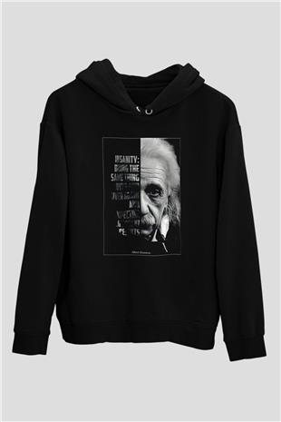 Albert Einstein Yarı Portre Baskılı Unisex Siyah Hoodie