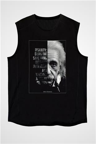 Albert Einstein Yarı Portre Baskılı Unisex Kolsuz Siyah Tişört - Tshirt