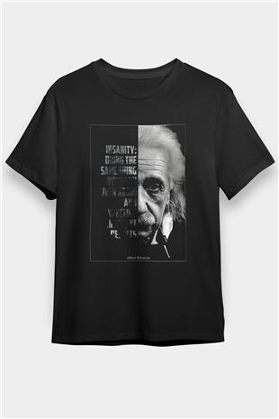 Albert Einstein Yarı Portre Baskılı Unisex Siyah Tişört - Tshirt