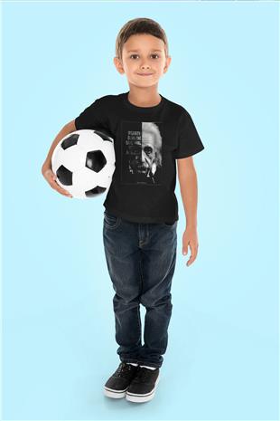 Albert Einstein Yarı Portre Baskılı Unisex Siyah Çocuk Tişörtü - Tshirt