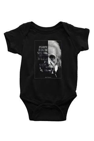 Albert Einstein Yarı Portre Baskılı Unisex  Siyah Bebek Body - Zıbın