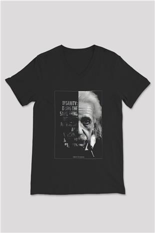 Albert Einstein Yarı Portre Baskılı Unisex V Yaka Siyah Tİşört - Tshirt