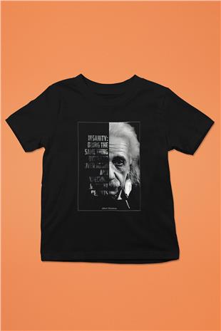 Albert Einstein Yarı Portre Baskılı Unisex Siyah Çocuk Tişörtü - Tshirt