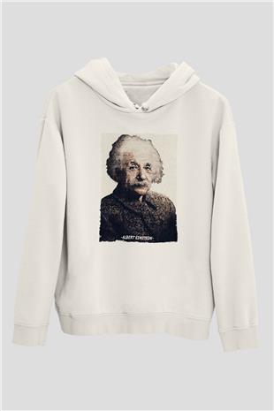 Albert Einstein Yazılı Portre Baskılı Unisex Ekru Hoodie