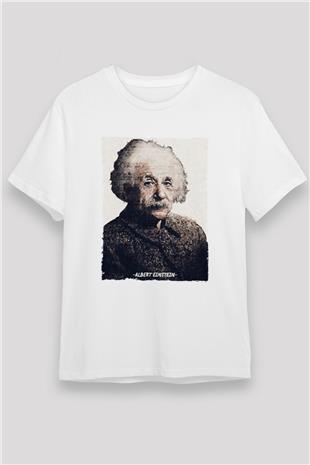 Albert Einstein Yazılı Portre Baskılı Unisex Beyaz Tişört - Tshirt