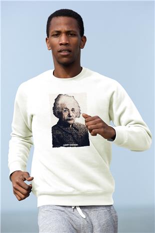 Albert Einstein Yazılı Portre Baskılı Unisex Ekru Sweatshirt