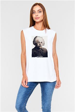 Albert Einstein Yazılı Portre Baskılı Unisex Kolsuz Beyaz Tişört - Tshirt