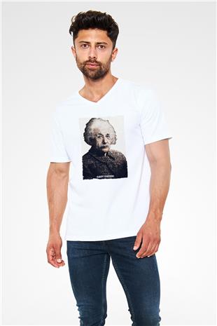 Albert Einstein Yazılı Portre Baskılı Unisex V Yaka Beyaz Tişört - Tshirt