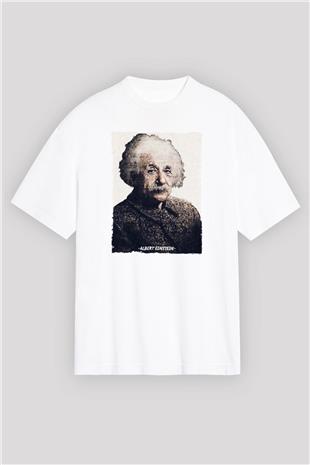 Albert Einstein Yazılı Portre Baskılı Unisex Oversize Beyaz Tişört - Tshirt