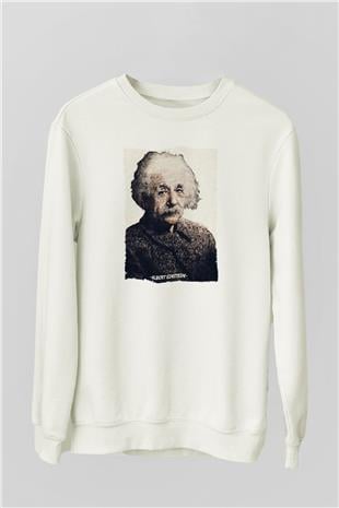Albert Einstein Yazılı Portre Baskılı Unisex Ekru Sweatshirt