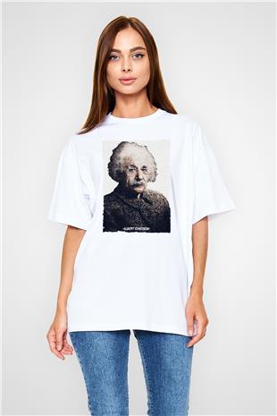Albert Einstein Yazılı Portre Baskılı Unisex Oversize Beyaz Tişört - Tshirt