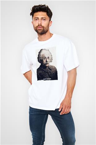 Albert Einstein Yazılı Portre Baskılı Unisex Oversize Beyaz Tişört - Tshirt