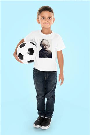 Albert Einstein Yazılı Portre Baskılı Unisex Beyaz Çocuk Tişörtü - Tshirt