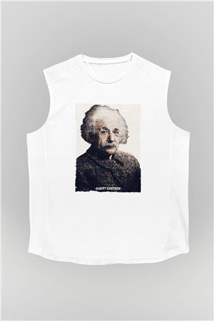 Albert Einstein Yazılı Portre Baskılı Unisex Kolsuz Beyaz Tişört - Tshirt