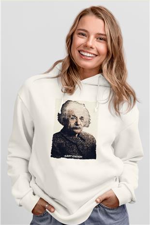 Albert Einstein Yazılı Portre Baskılı Unisex Ekru Hoodie