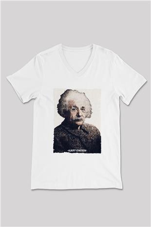 Albert Einstein Yazılı Portre Baskılı Unisex V Yaka Beyaz Tişört - Tshirt